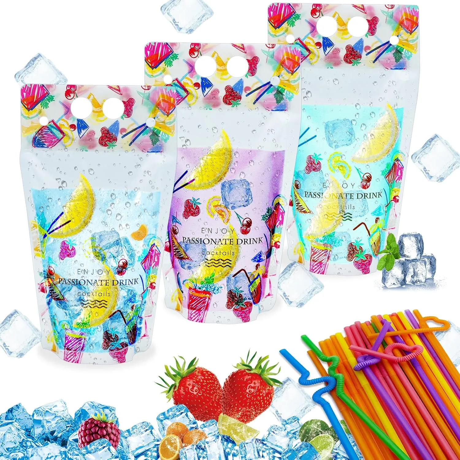 100 Adult Colorful Drink Bags with Straws,reusable juice,Translucent Vertical Drink Bags,Hand Held Translucent Disposable Drink Containe, for Cold and Hot Drink 9inx5in