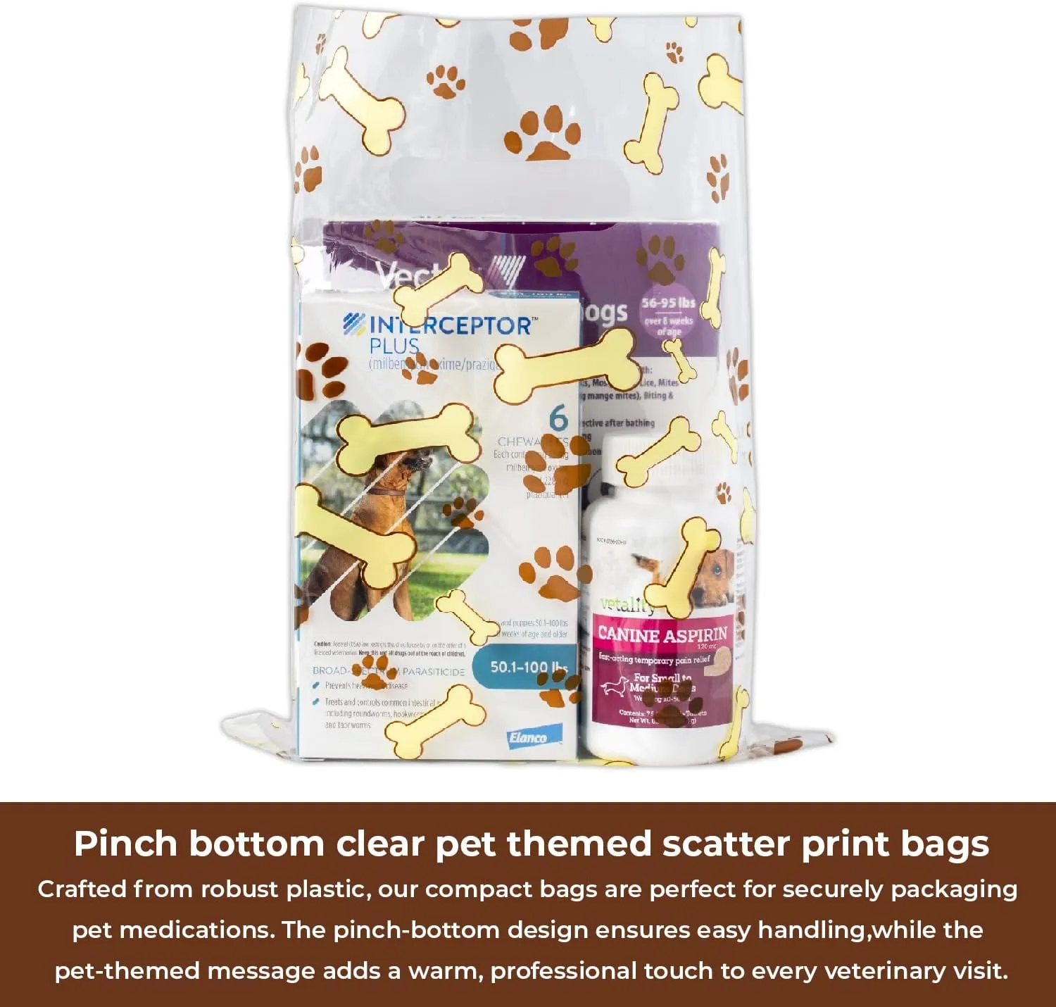 100 Pcs Pet Themed Print Bags — Dog Bone & Paw Print, MSP1001 Clear Plastic Scatter Bags, Veterinary Treat Bag for Cat & Dog — Goodie Storage Bags w/Handles for Parties & Events — Brown (9 x 12)