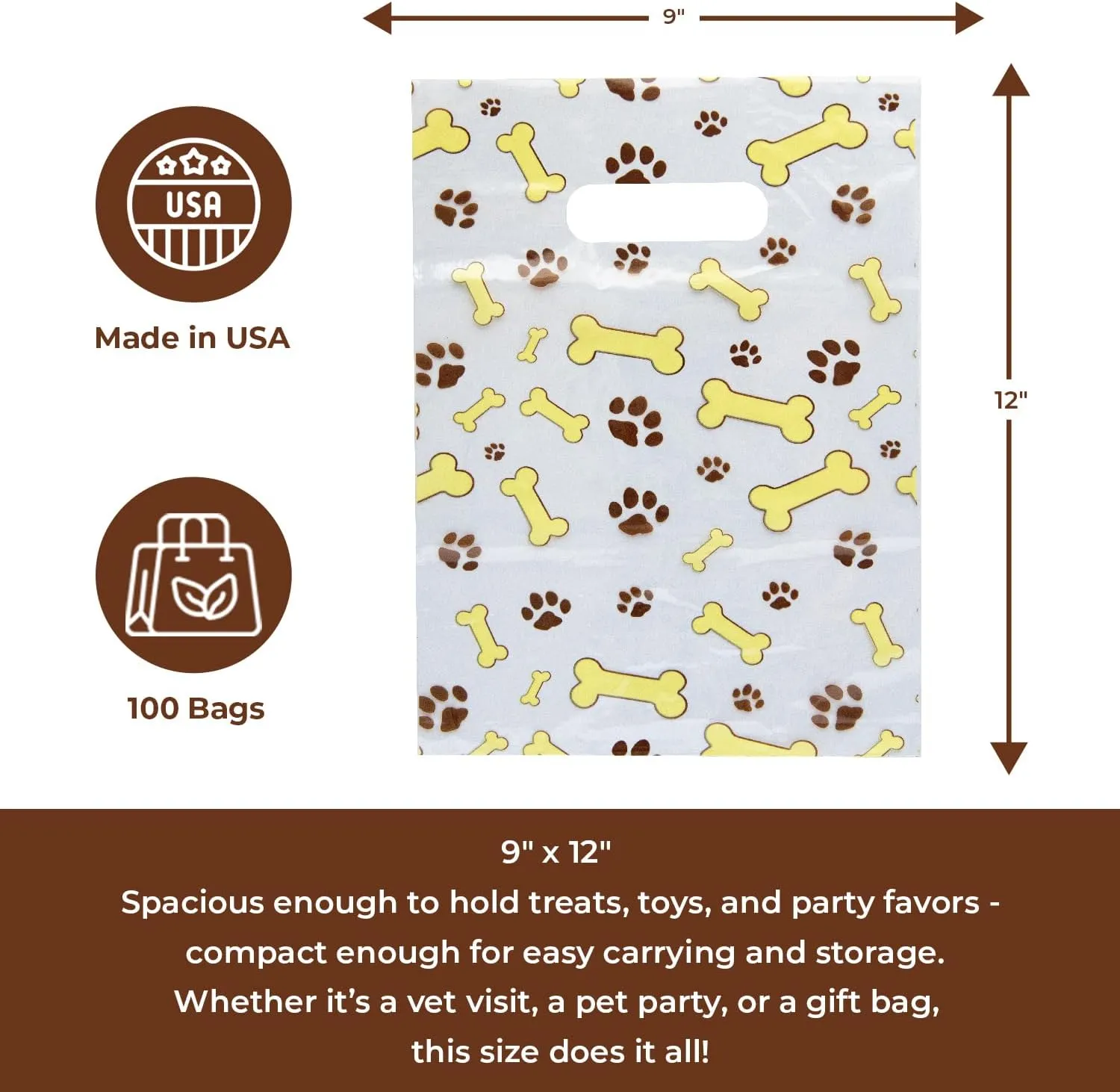 100 Pcs Pet Themed Print Bags — Dog Bone & Paw Print, MSP1001 Clear Plastic Scatter Bags, Veterinary Treat Bag for Cat & Dog — Goodie Storage Bags w/Handles for Parties & Events — Brown (9 x 12)