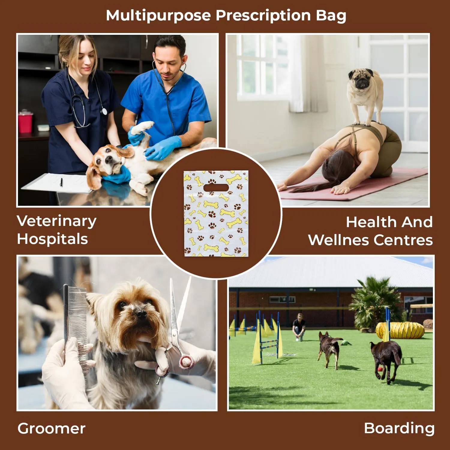 100 Pcs Pet Themed Print Bags — Dog Bone & Paw Print, MSP1001 Clear Plastic Scatter Bags, Veterinary Treat Bag for Cat & Dog — Goodie Storage Bags w/Handles for Parties & Events — Brown (9 x 12)