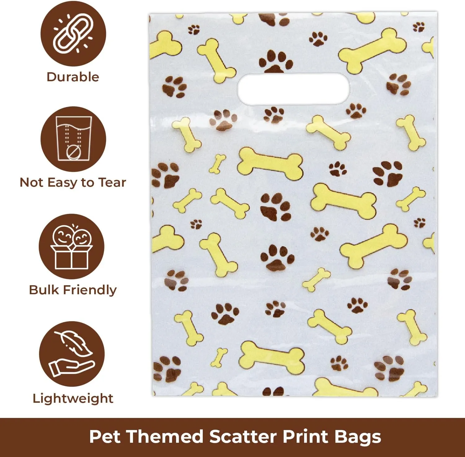 100 Pcs Pet Themed Print Bags — Dog Bone & Paw Print, MSP1001 Clear Plastic Scatter Bags, Veterinary Treat Bag for Cat & Dog — Goodie Storage Bags w/Handles for Parties & Events — Brown (9 x 12)
