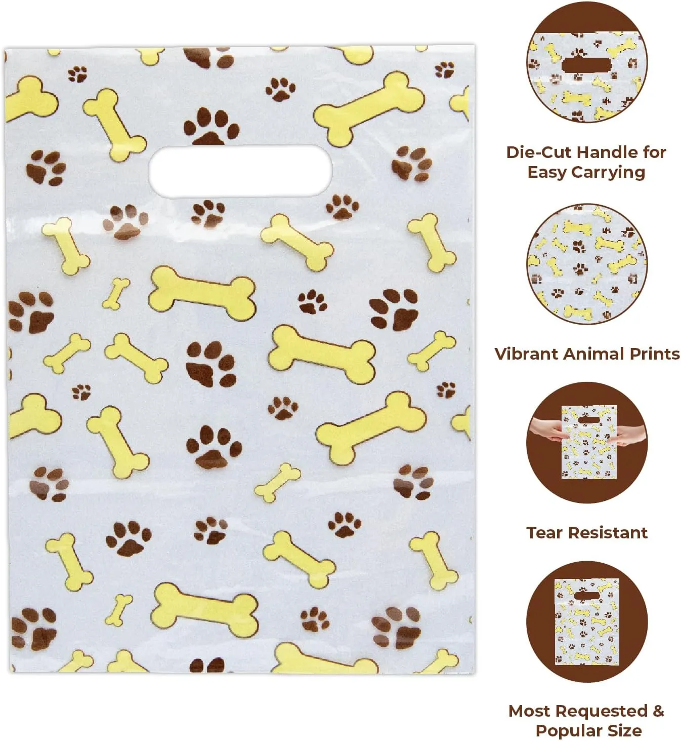 100 Pcs Pet Themed Print Bags — Dog Bone & Paw Print, MSP1001 Clear Plastic Scatter Bags, Veterinary Treat Bag for Cat & Dog — Goodie Storage Bags w/Handles for Parties & Events — Brown (9 x 12)