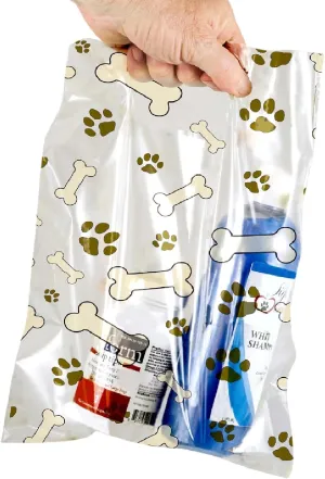 100 Pcs Pet Themed Print Bags — Dog Bone & Paw Print, MSP1001 Clear Plastic Scatter Bags, Veterinary Treat Bag for Cat & Dog — Goodie Storage Bags w/Handles for Parties & Events — Brown (9 x 12)