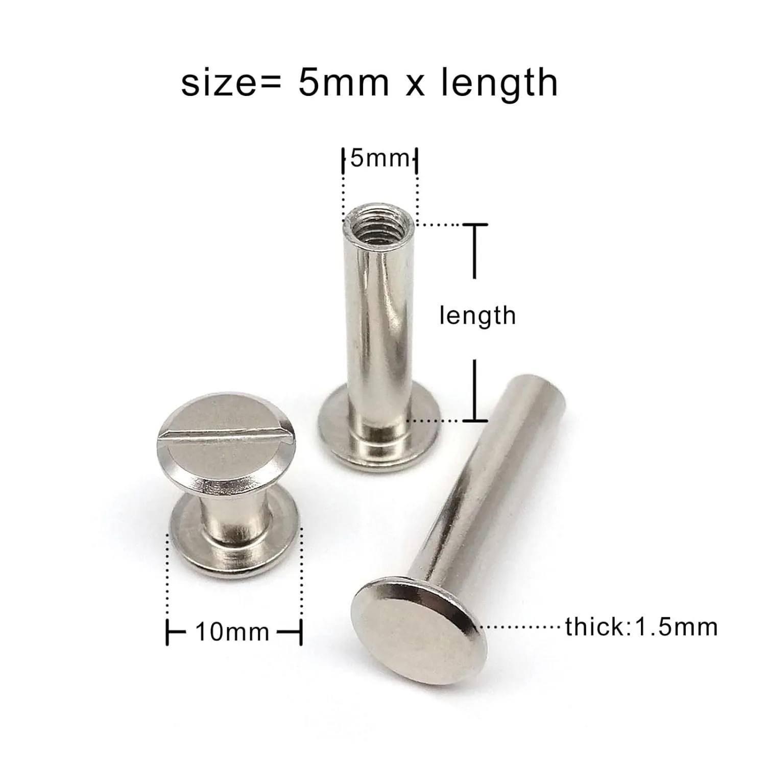 10pcs Rivet Leather Bag Belt Photo Scrapbook Album Account Book Post Binding Repair (Color : Silver_5x18mm)