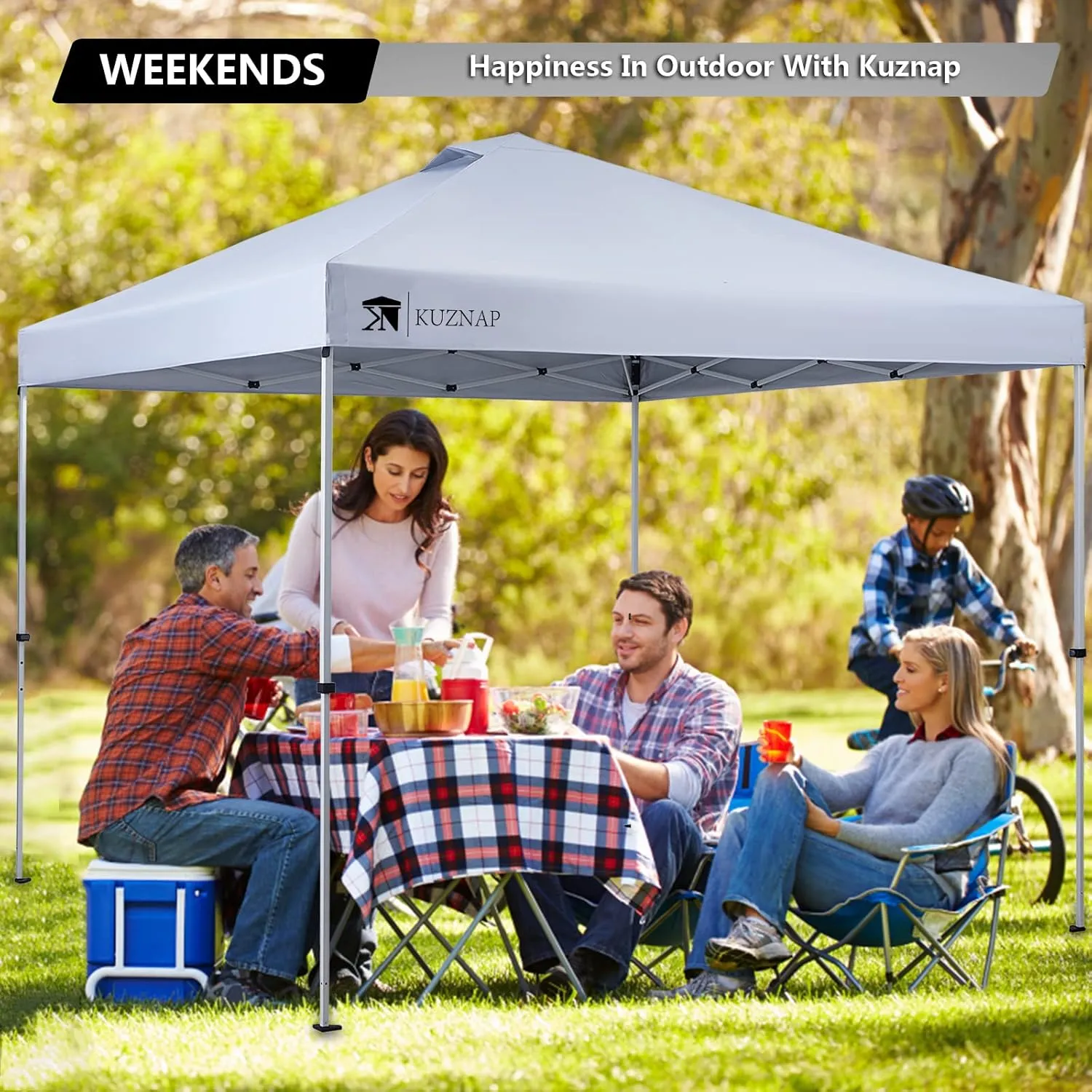 10’x10’ Pop up Canopy Tent Patented EZ Set-up Canopy Instant Outdoor Canopy with Wheeled Carry Bag Bonus 4 Weight Sandbags, 8 Stakes and 4 Guyline Ropes, White