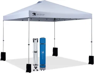 10’x10’ Pop up Canopy Tent Patented EZ Set-up Canopy Instant Outdoor Canopy with Wheeled Carry Bag Bonus 4 Weight Sandbags, 8 Stakes and 4 Guyline Ropes, White