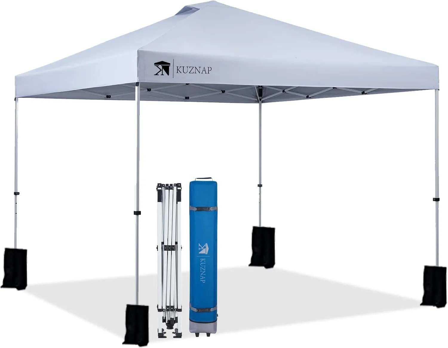 10’x10’ Pop up Canopy Tent Patented EZ Set-up Canopy Instant Outdoor Canopy with Wheeled Carry Bag Bonus 4 Weight Sandbags, 8 Stakes and 4 Guyline Ropes, White