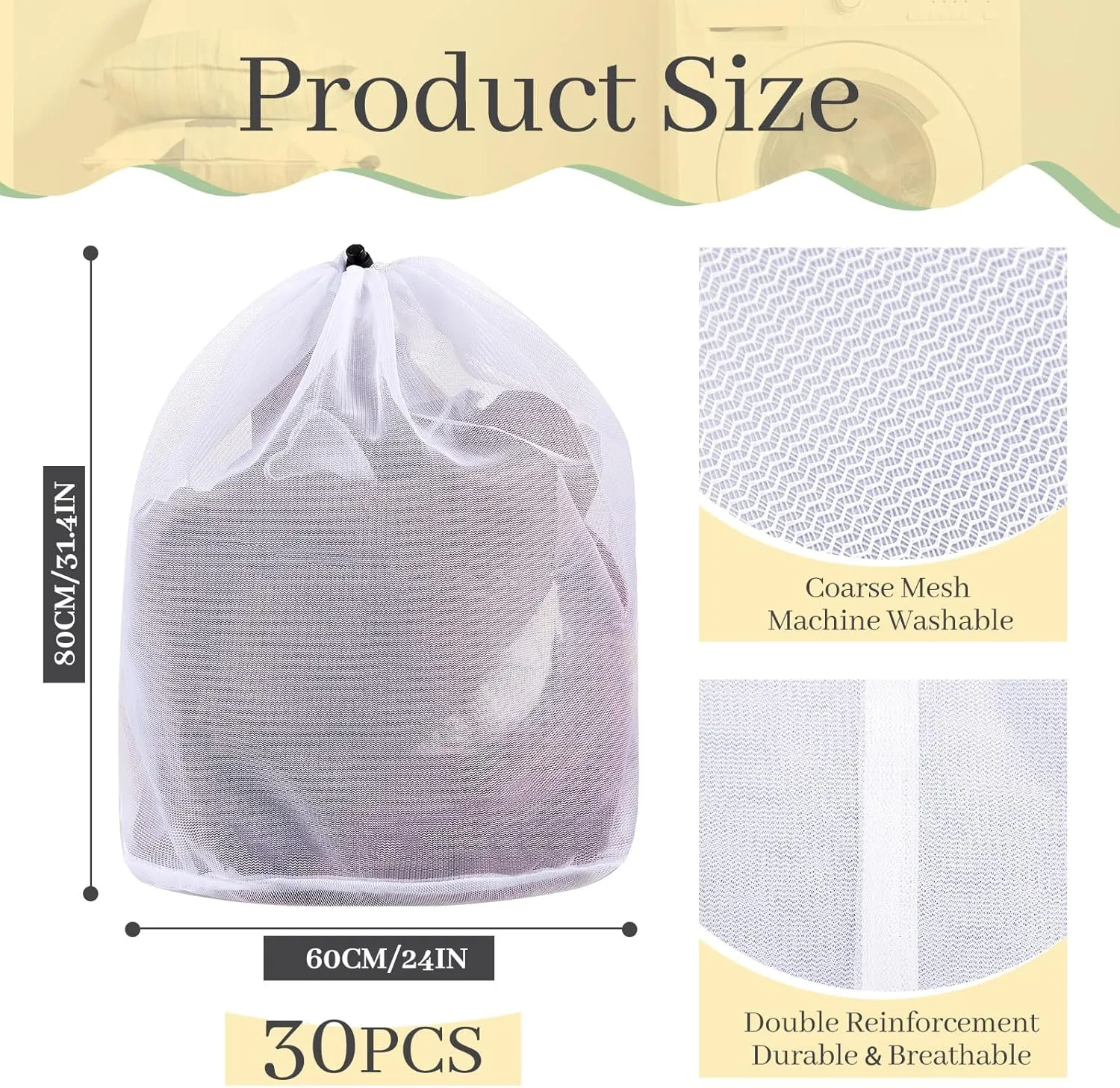 12 Pcs Fine Mesh Laundry Net with Drawstring - White Heavy Duty Mesh Bag - Machine Washable - Sheet & Delicate Laundry - X-Large