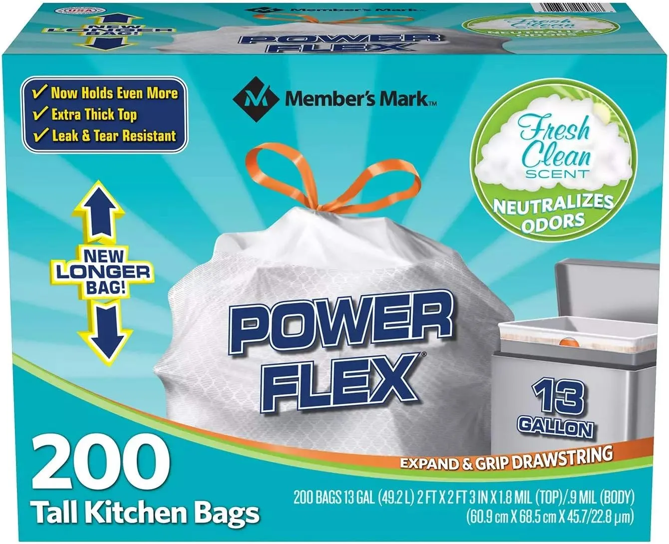 13 Gal Power Flex, Leak Protection, Tall Kitchen Simple Fit Drawstring Bags (1 Pack, Fresh Clean Scent), 1count