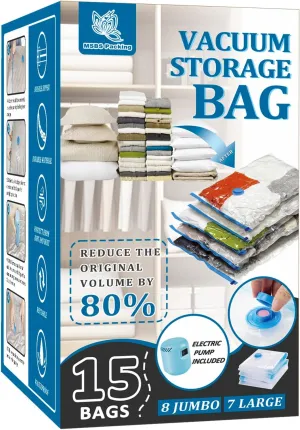 15 Pack Vacuum Storage Bags with Electric Pump, Space Saver Bags (8 Jumbo/7 Large) Compression for Comforters and Blankets, Sealer Clothes Storage Travel Essentials