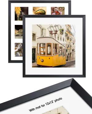 16x16 Frame Black, 16x16 Square Picture Frame Matted to 12x12 or Nine 4x4, Grade A New Zealand Pine Wood Acrylic Cover Photo Frames for Gallery Wall Mounting Home Décor Gift, 2 Pack