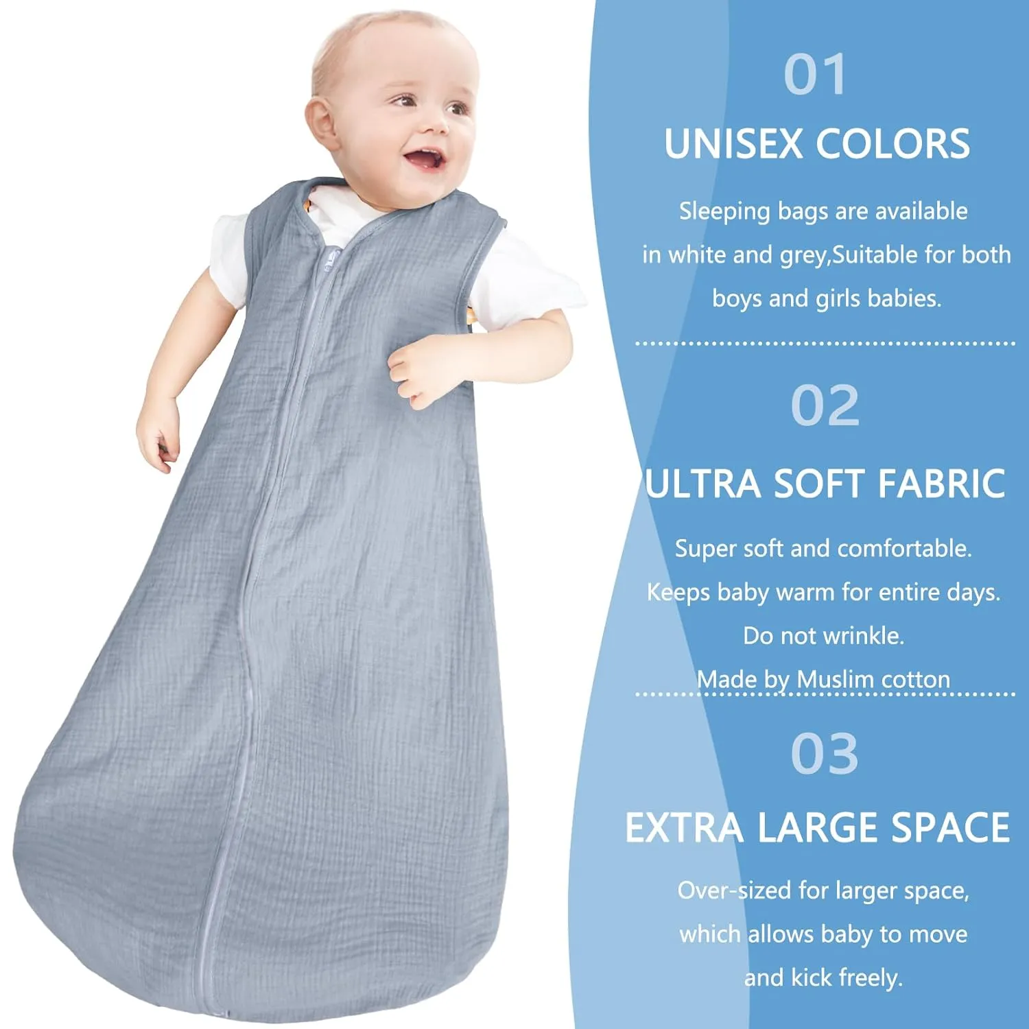 2 Pack Baby Sleep Sack 6-12 Months 100% Organic Cotton Muslin Baby Sleeping Bag 2-Way Zipper Toddler Wearable Blankets Comfy Stretchy Thin Sleep Sacks