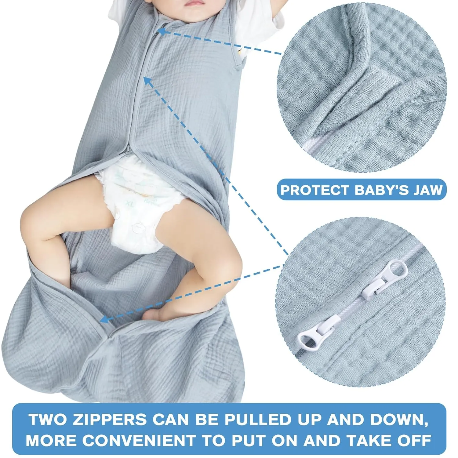 2 Pack Baby Sleep Sack 6-12 Months 100% Organic Cotton Muslin Baby Sleeping Bag 2-Way Zipper Toddler Wearable Blankets Comfy Stretchy Thin Sleep Sacks
