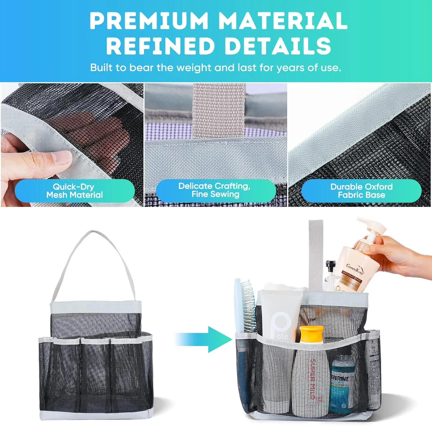 2 Pack Mesh Shower Caddy Portable for College Dorm Room Essentials, Shower Caddy Dorm with 8-Pocket Large Capacity,Shower Bag for Beach,Swimming,Gym