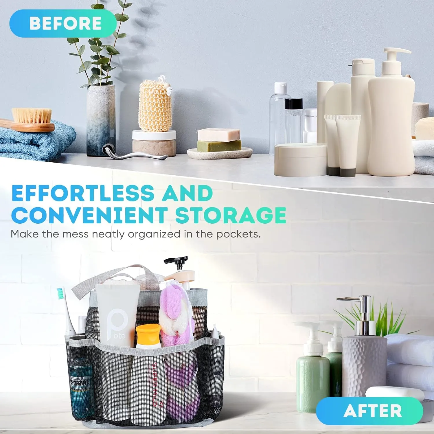 2 Pack Mesh Shower Caddy Portable for College Dorm Room Essentials, Shower Caddy Dorm with 8-Pocket Large Capacity,Shower Bag for Beach,Swimming,Gym