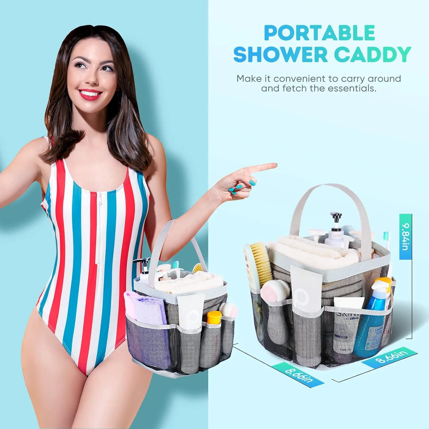 2 Pack Mesh Shower Caddy Portable for College Dorm Room Essentials, Shower Caddy Dorm with 8-Pocket Large Capacity,Shower Bag for Beach,Swimming,Gym