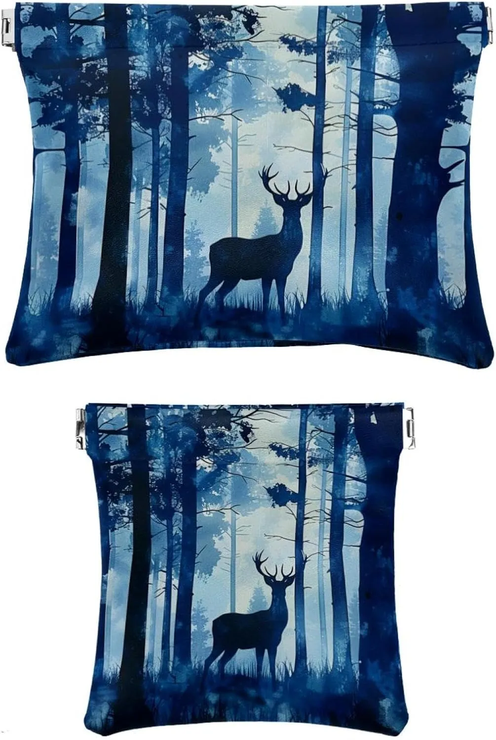 2 PCS Faux Leather Makeup Bag Set, Portable Travel Small Makeup Pocket, Mini Pocket Pouch, Lipstick Cosmetic Accessories Organizer, Forest Elk Animal Navy Blue
