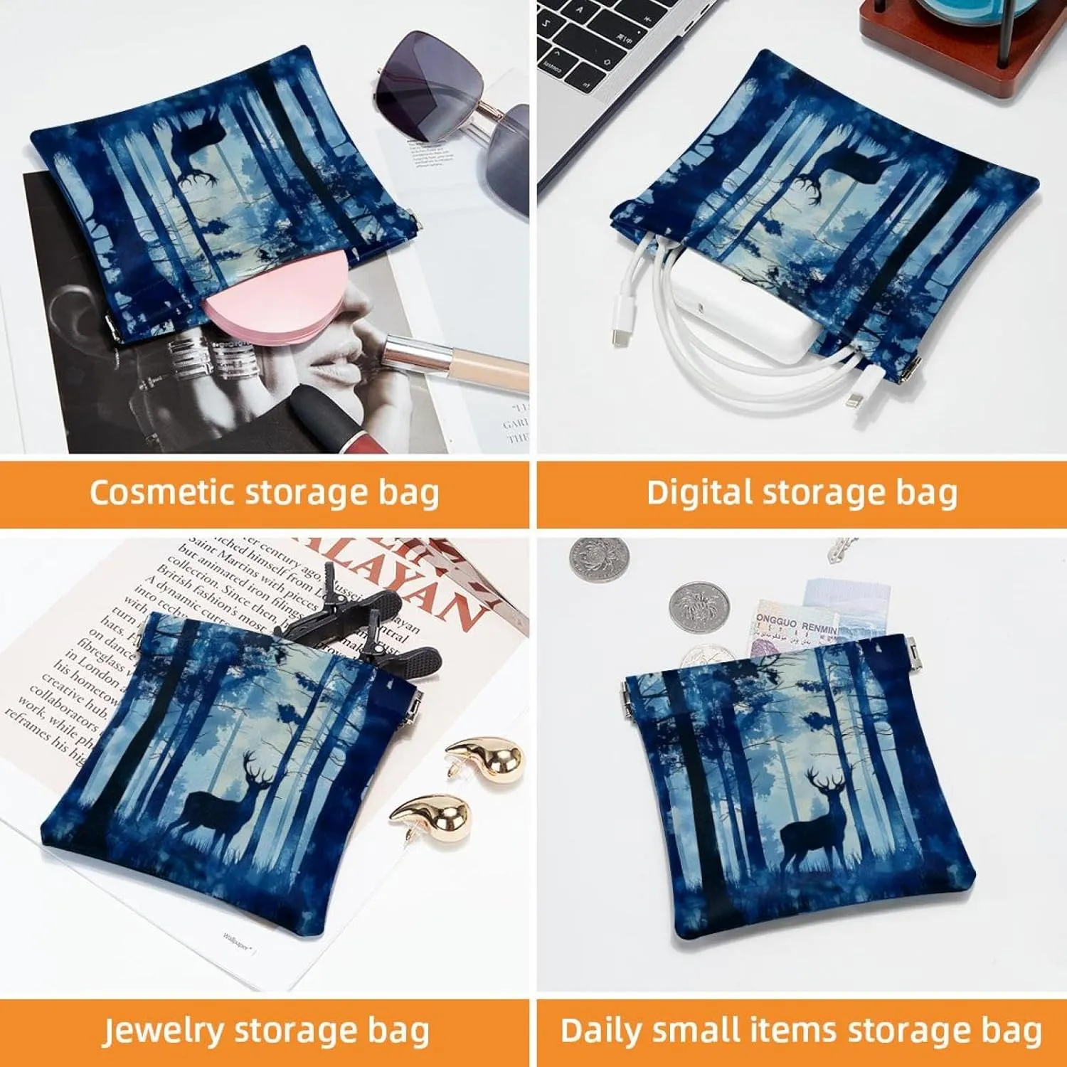2 PCS Faux Leather Makeup Bag Set, Portable Travel Small Makeup Pocket, Mini Pocket Pouch, Lipstick Cosmetic Accessories Organizer, Forest Elk Animal Navy Blue