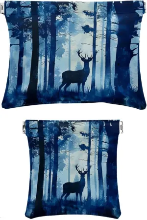 2 PCS Faux Leather Makeup Bag Set, Portable Travel Small Makeup Pocket, Mini Pocket Pouch, Lipstick Cosmetic Accessories Organizer, Forest Elk Animal Navy Blue