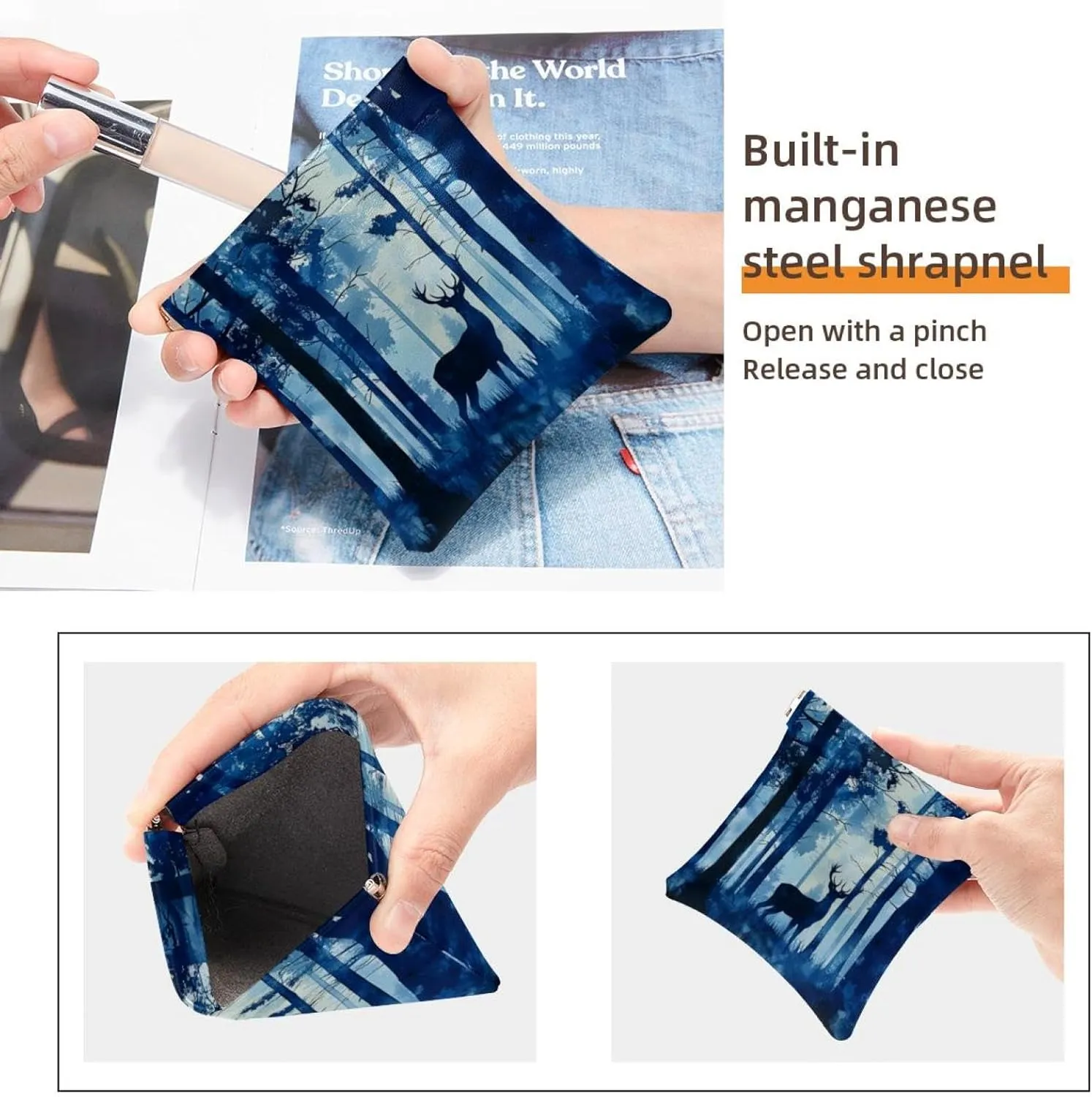 2 PCS Faux Leather Makeup Bag Set, Portable Travel Small Makeup Pocket, Mini Pocket Pouch, Lipstick Cosmetic Accessories Organizer, Forest Elk Animal Navy Blue