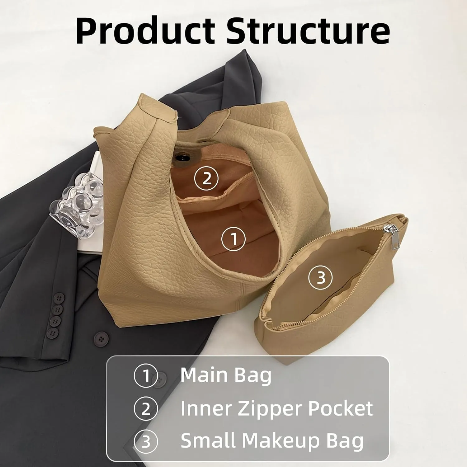 2 pcs Leather Tote Bag for Women Slouchy Hobo Bags Vegan Leather Hobo Purse Shoulder Handbag Large Crossbody Bags