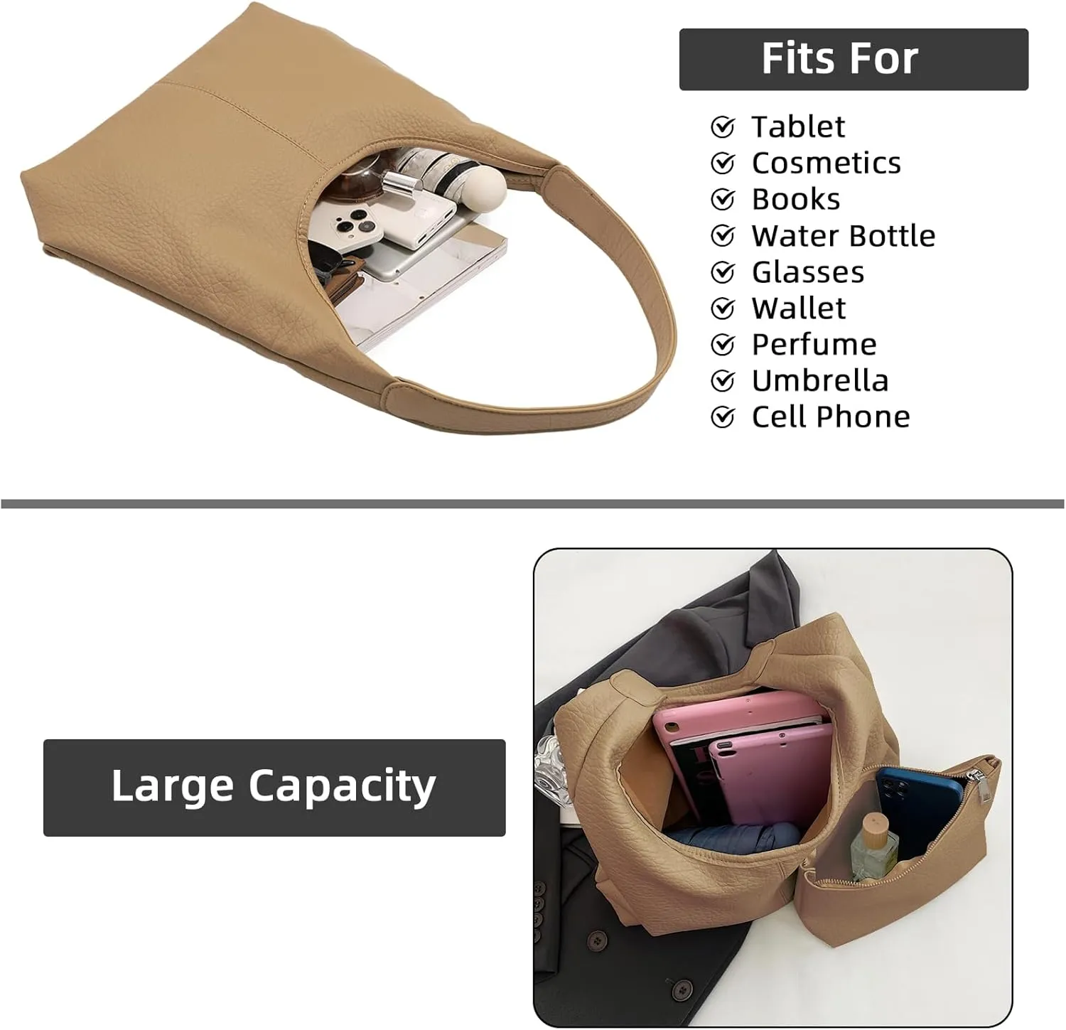 2 pcs Leather Tote Bag for Women Slouchy Hobo Bags Vegan Leather Hobo Purse Shoulder Handbag Large Crossbody Bags