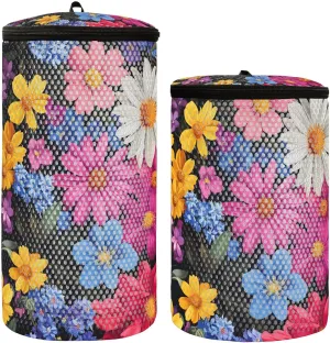 2 Pcs(S   M Size) Mesh Cylinder Laundry Bags Blue Yellow Pink Flower Bush Polyester Reusable Machine Washable Mesh Bags, Dirty Bag for Home Travel