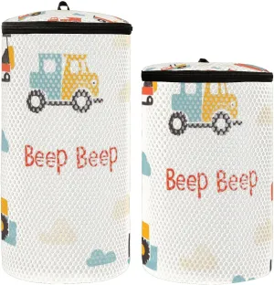 2 Pcs(S   M Size) Mesh Cylinder Laundry Bags Cartoon Truck Car Polyester Reusable Machine Washable Mesh Bags, Dirty Bag for Home Travel
