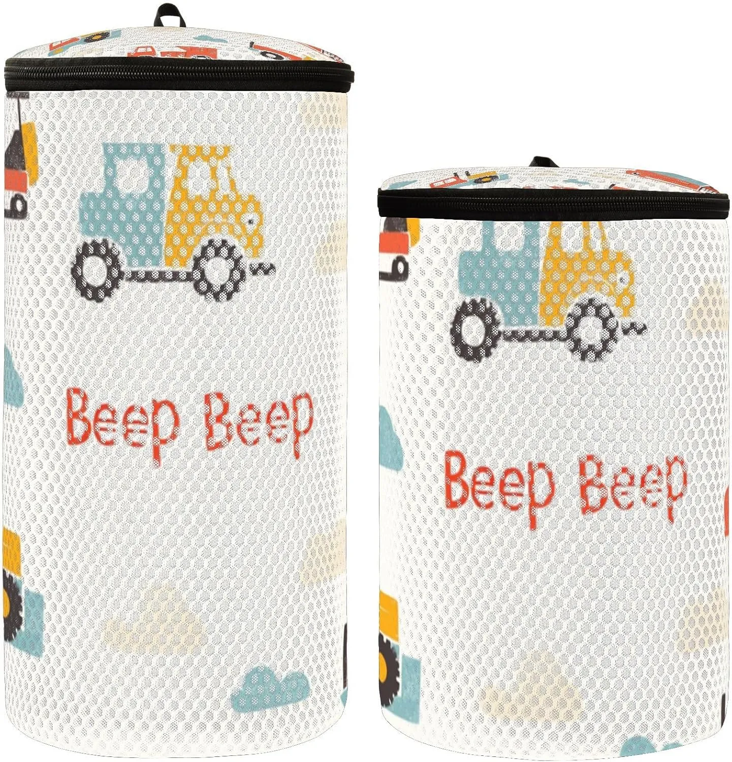 2 Pcs(S   M Size) Mesh Cylinder Laundry Bags Cartoon Truck Car Polyester Reusable Machine Washable Mesh Bags, Dirty Bag for Home Travel