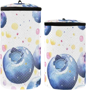 2 Pcs(S   M Size) Mesh Cylinder Laundry Bags Watercolor Cartoon Blueberries Polyester Reusable Machine Washable Mesh Bags, Dirty Bag for Home Travel