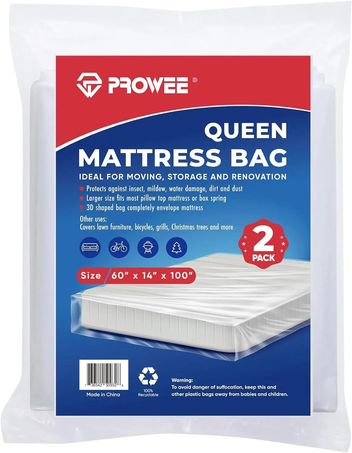 2 PK Queen Mattress Bags for Moving Storage,Mattress Bag for Disposal, Mattress Storage Bag Queen Mattress Cover for Moving