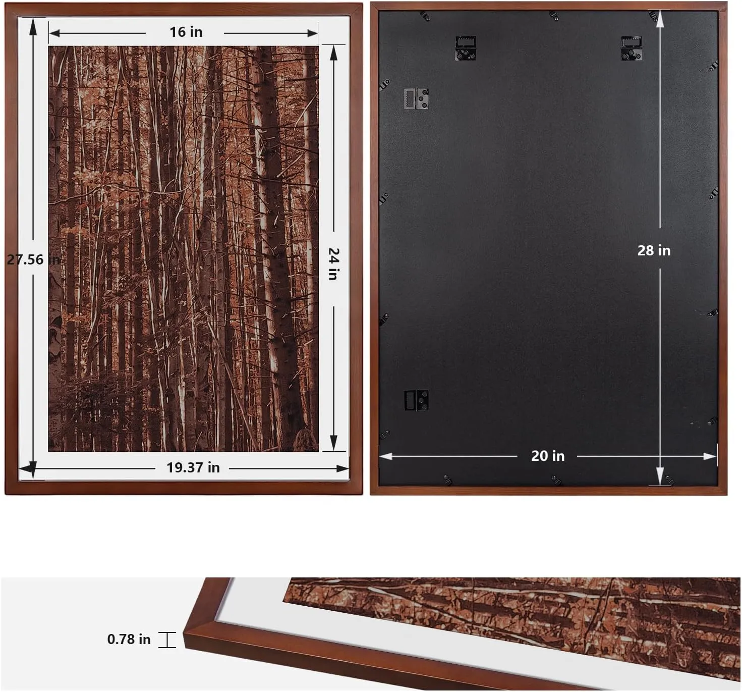 20x28 Poster Frame, Solid Wood 20x28 Frame with Mat for 16x24 Photo, Large Picture Frame 20x28-Horizontal and Vertical Wall Hanging for Home, Exhibition, Caffe(Brown)