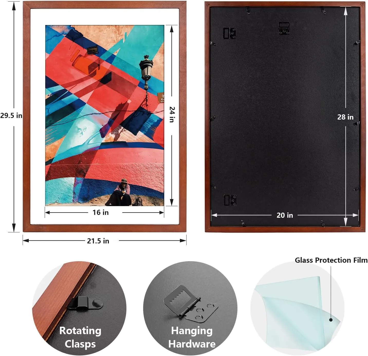 20x28 Poster Frame,Natural Soild Wood Picture Frames with Polished Plexiglass,Easy to Hang,Display Picture 20x28 without Mat or 16x24 with Mat for Wall Mounting Horizontally and Vertically (Brown)