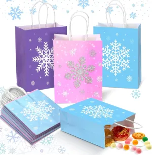 21 Pieces Snowflake Party Favors Bags Kraft Paper Frozen Candy Treat Goodie Gift Bags with Handles for Winter Wonderland Snowflake Theme Christmas Holiday Birthday Party Supplies
