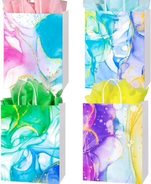 24Pcs Marble Gift Bags with Tissues - 9" Colorful Party Bags with Handles, Suitable for kids girls Birthday Parties, Wedding, Shopping, Baby Shower (4 Assorted Designs)