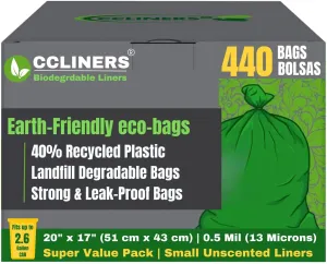 2.6 Gallon Biodegradable Small Bathroom Trash Bags (440 Count) Eco-friendly Green Bathroom Garbage Bags Made with EPI Degrade Faster fits 2 Gallon 3 Gallon Trash Can for Home Kitchen Office (440 Bags)