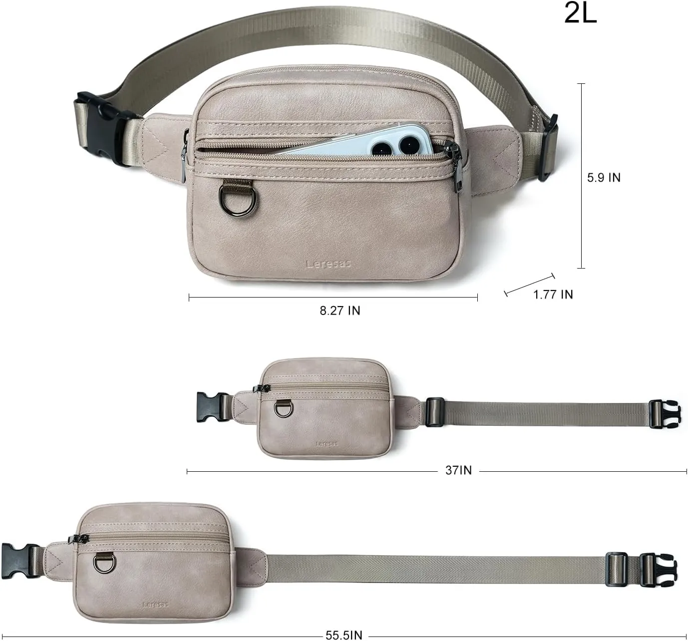 2L Fanny Packs for Women Crossbody Belt Bag Faux Leather Chic Waist Sling Bag Waterproof Running Travel Light Grey