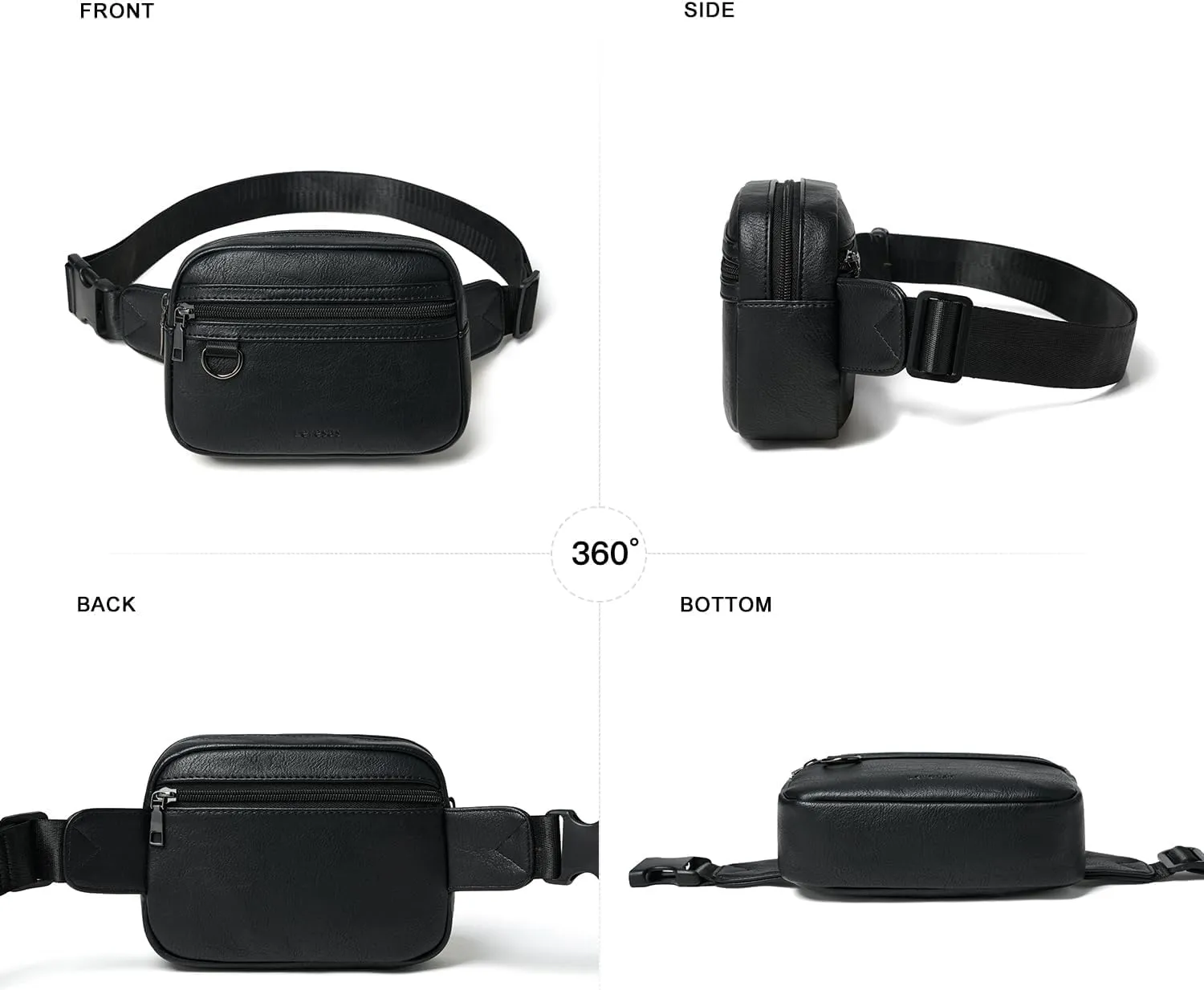 2L Fanny Packs for Women Men Corss Body Belt Bag Waist Pack Vegan Leather Trendy Travel Cycling Waterproof Black