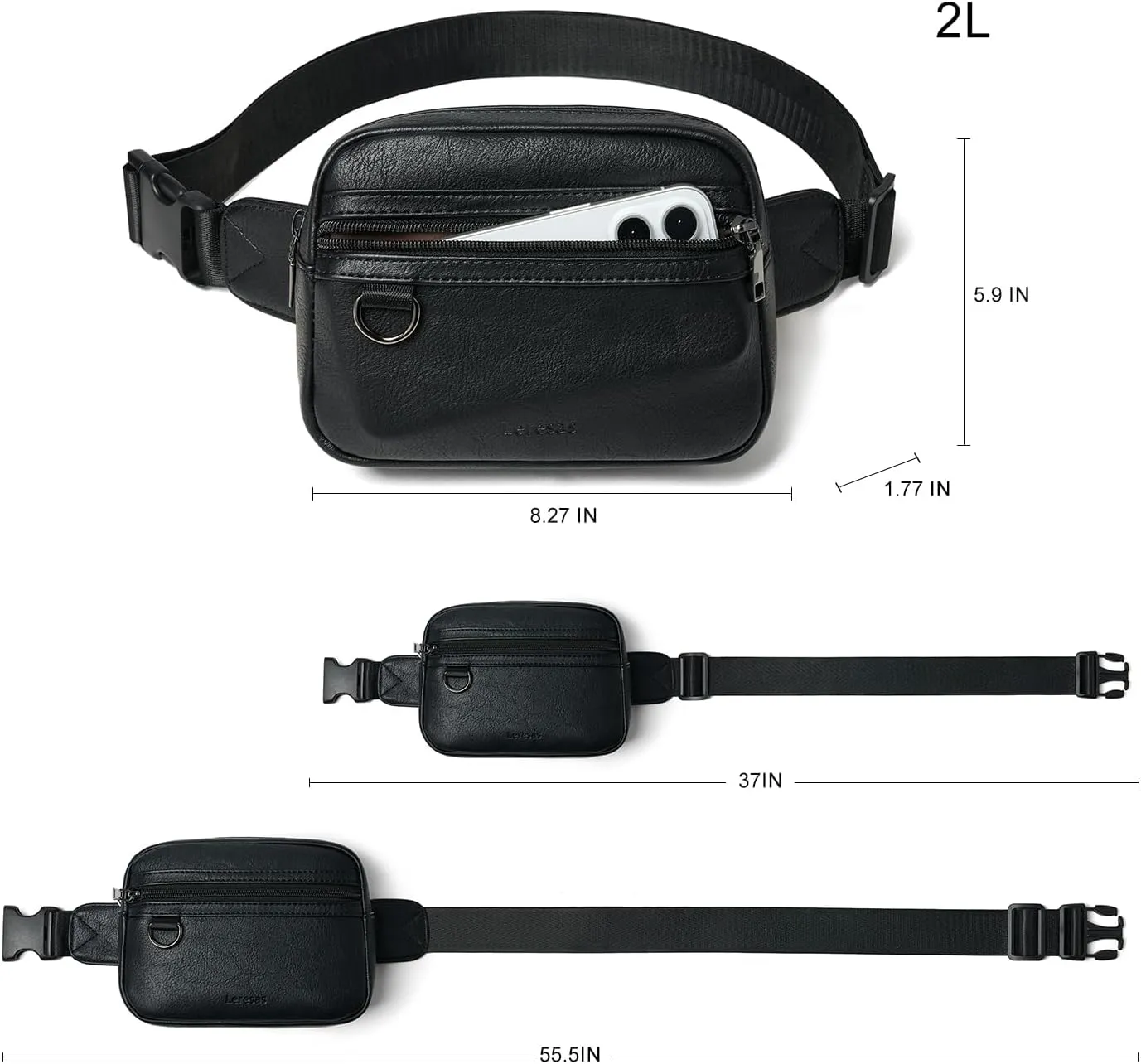 2L Fanny Packs for Women Men Corss Body Belt Bag Waist Pack Vegan Leather Trendy Travel Cycling Waterproof Black