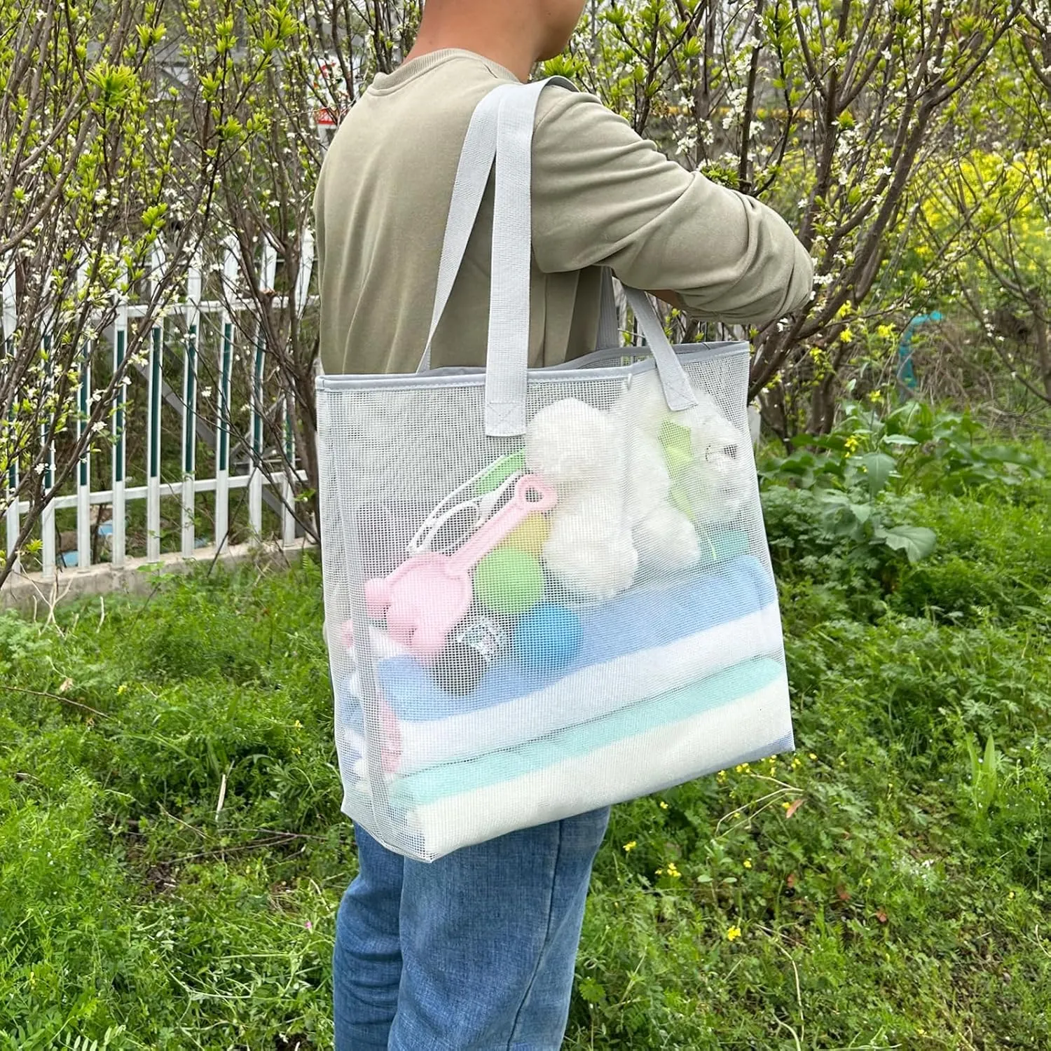 2Pack Large lightweight Simple Mesh Beach Tote Bag With snap Button Reusable Pool Bag for Outdoor Travel Shopping Gym