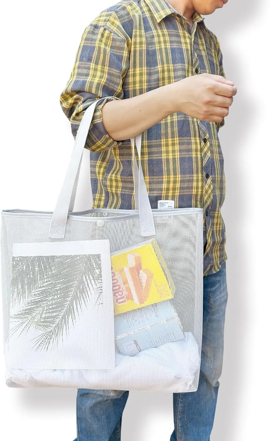 2Pack Large lightweight Simple Mesh Beach Tote Bag With snap Button Reusable Pool Bag for Outdoor Travel Shopping Gym