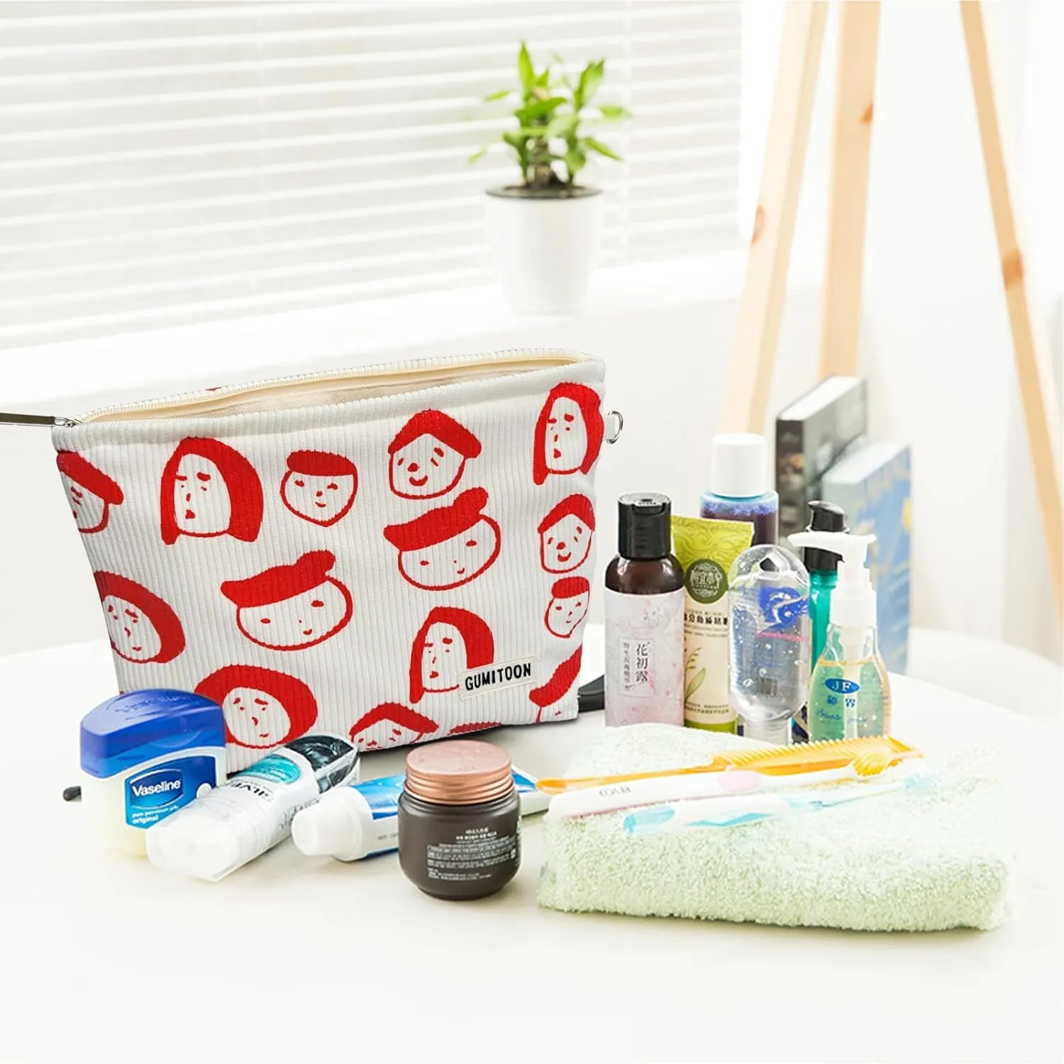 2pcs Corduroy Makeup Bag for woman-aesthetic cute stuff as pouch case and purse organizer for girl-cosmetic travel toiletry bag small baggu glossier (Portrait)