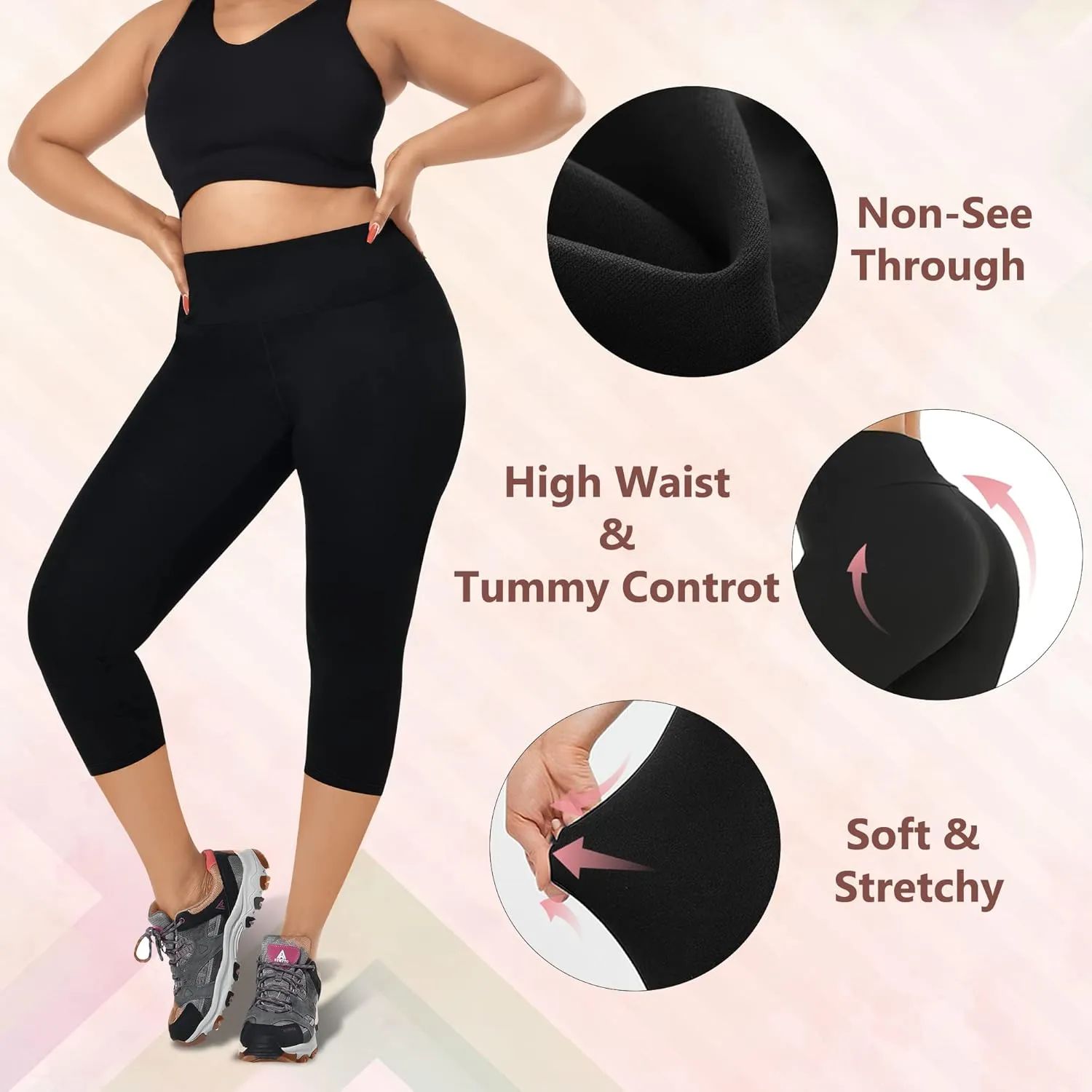 3 Pack Women's Plus Size Capri Leggings High Waist Tummy Control, Stretchy Yoga Workout Pants (XL-4X) - Spandex Elastic Fit