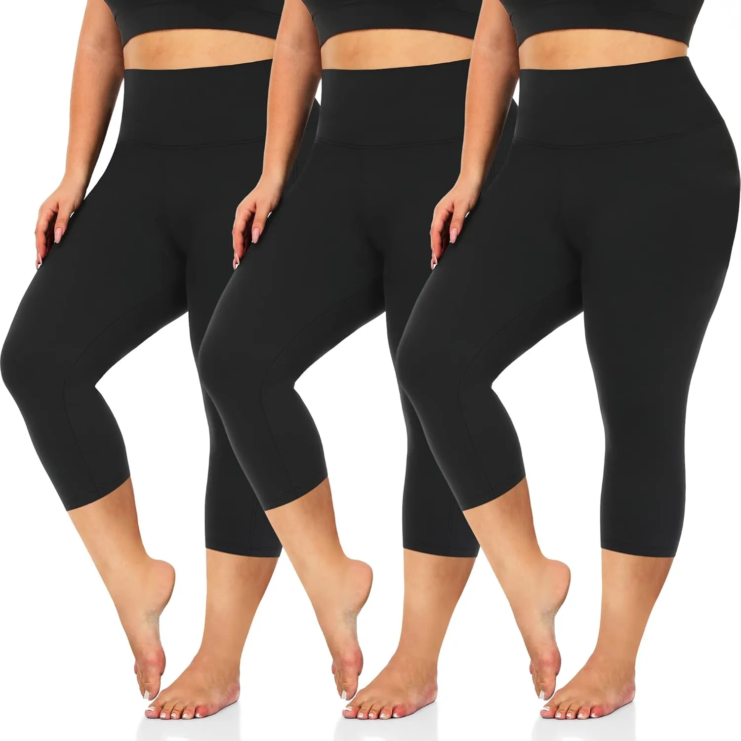3 Pack Women's Plus Size Capri Leggings High Waist Tummy Control, Stretchy Yoga Workout Pants (XL-4X) - Spandex Elastic Fit