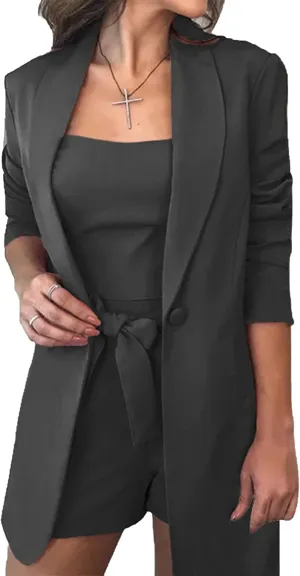 3 Piece Blazer Sets for Women Open Front Button Blazer   Crop Tops   Shorts Bottoms with Belt Business Suit Sets