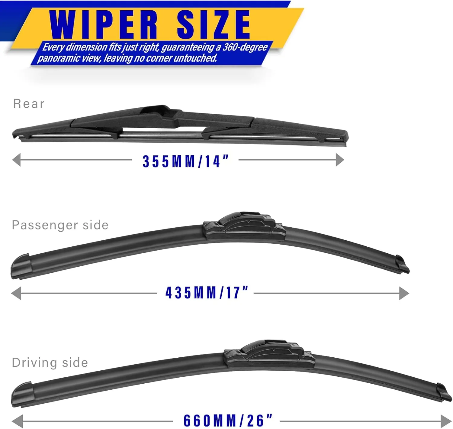 3 wipers Replacement for 2007-2015 Mazda CX-9, Windshield Wiper Blades Original Equipment Replacement - 26"/17"/14" (Set of 3) U/J HOOK