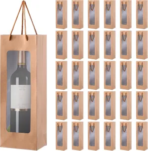 30 PCS Wine Gift Bag with Clear Window, Reusable Wine Bottle Bag, Wine Bags Bulk with Braided Rope Handles, for Wedding, Anniversary, Birthday, New Year, Party(Brown)