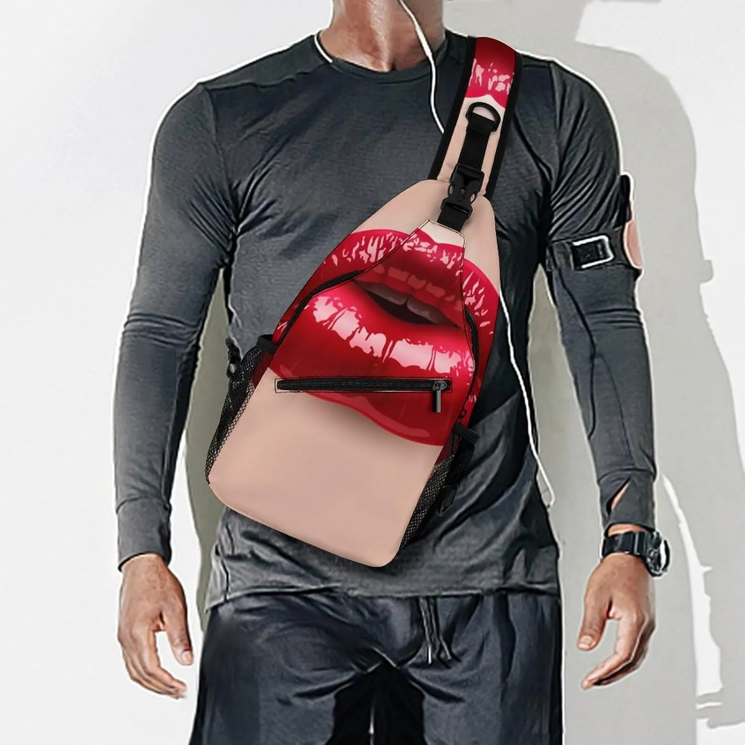 3D Red Sexy Lips Crossbody Sling Backpack Kiss Lipstick Sling Bag Adjustable Travel Hiking Chest Bags Daypack