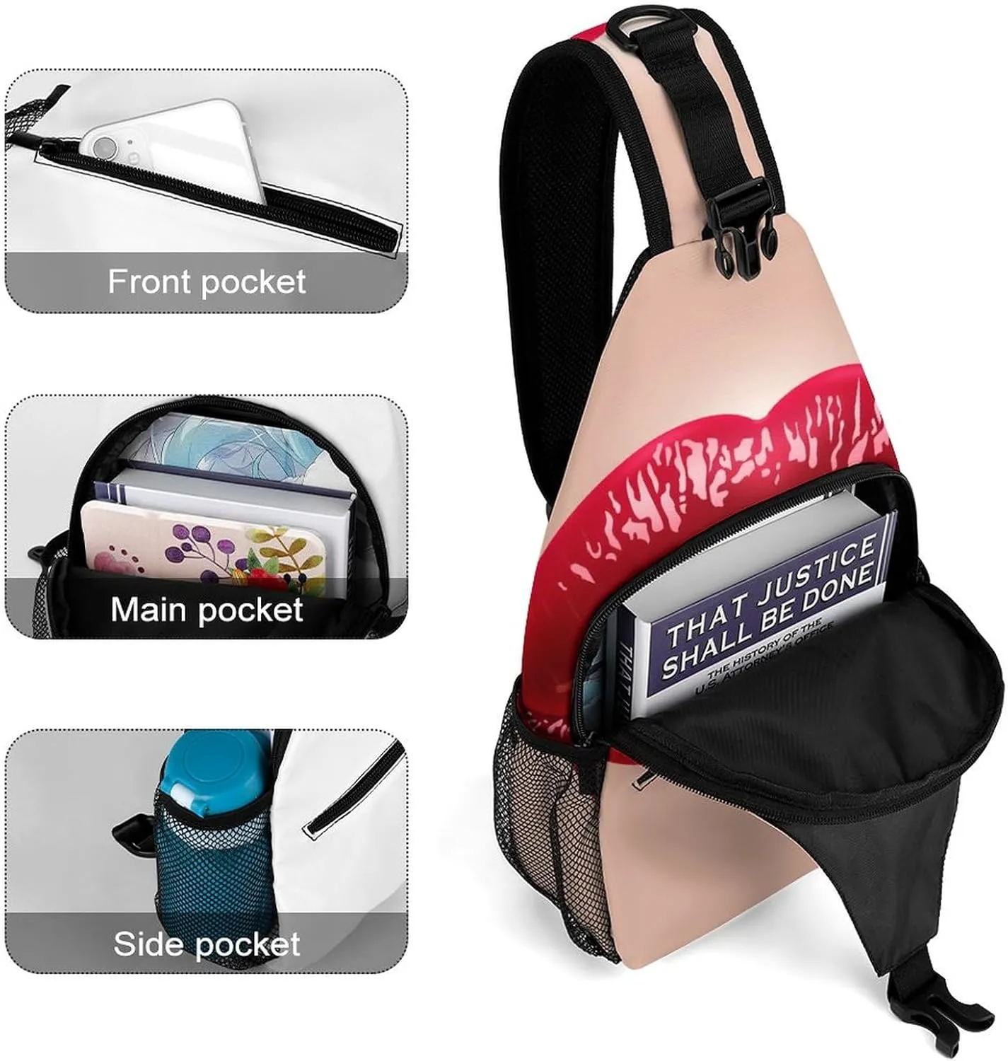 3D Red Sexy Lips Crossbody Sling Backpack Kiss Lipstick Sling Bag Adjustable Travel Hiking Chest Bags Daypack