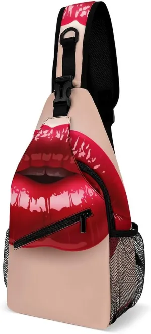 3D Red Sexy Lips Crossbody Sling Backpack Kiss Lipstick Sling Bag Adjustable Travel Hiking Chest Bags Daypack